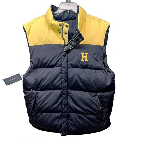 NEW $189 Tommy Hilfiger Down Puffer Vest!  Reversible Blackwatch Plaid to Navy - Picture 1 of 3